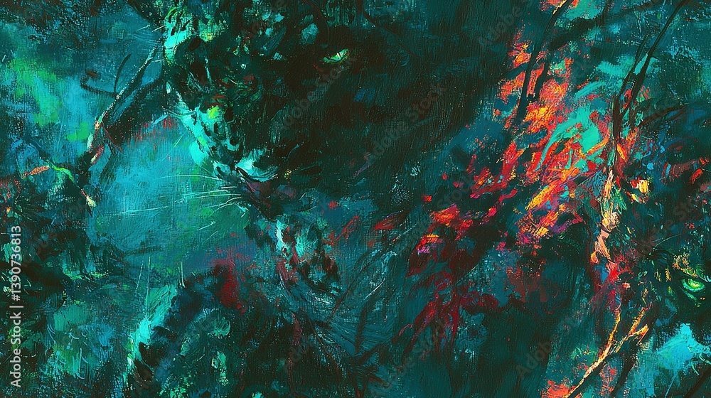 Naklejka premium A vibrant painting featuring shades of green, red, and blue, centered around a captivating feline face