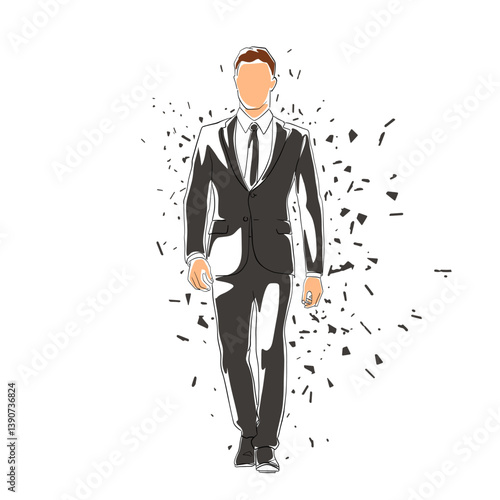 Business man walking, isolated vector line art flat design illustration. Man in suit. Business people, distortion effect