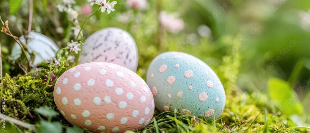 Colorful decorated eggs resting on green grass
