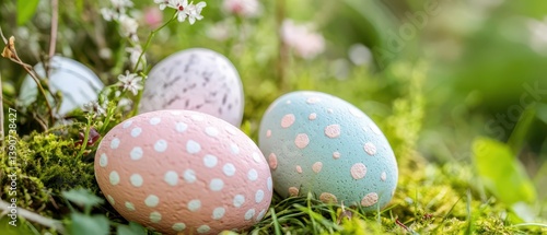 Obraz na płótnie Colorful decorated eggs resting on green grass w salonie