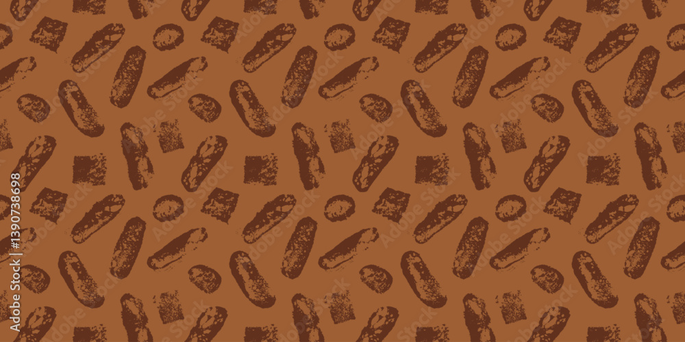 Fototapeta premium Bakery background with bread drawing pattern. Vector brown bread slices and white baguette illustrations. Rustic traditional food concept. Bakery products vector