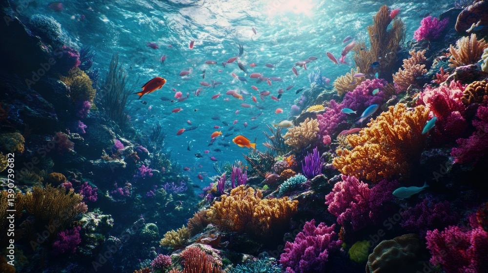 Vibrant coral reef fish schooling, ocean sunlight, underwater nature documentary Vibrant coral reef fish schooling, ocean sunlight, underwater nature documentary