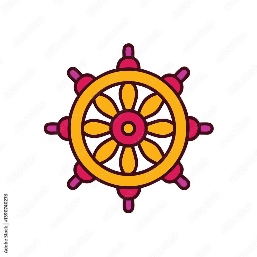 Obraz premium Buddhist Dharma Wheel Symbol In Gold And Red Flat Design Style
