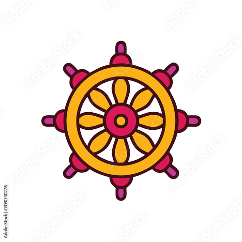 Buddhist Dharma Wheel Symbol In Gold And Red Flat Design Style