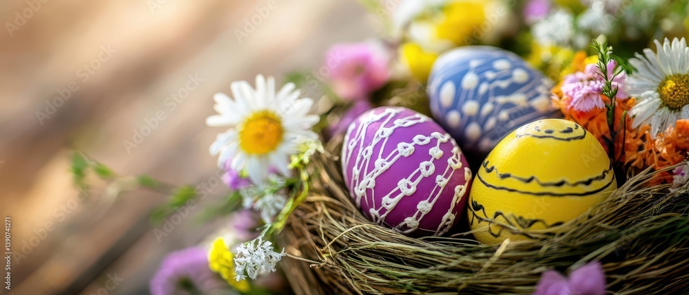 Colorful decorated eggs in floral nest