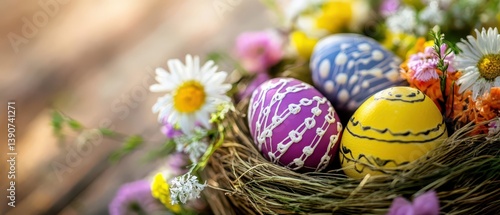 Obraz na płótnie Colorful decorated eggs in floral nest w salonie