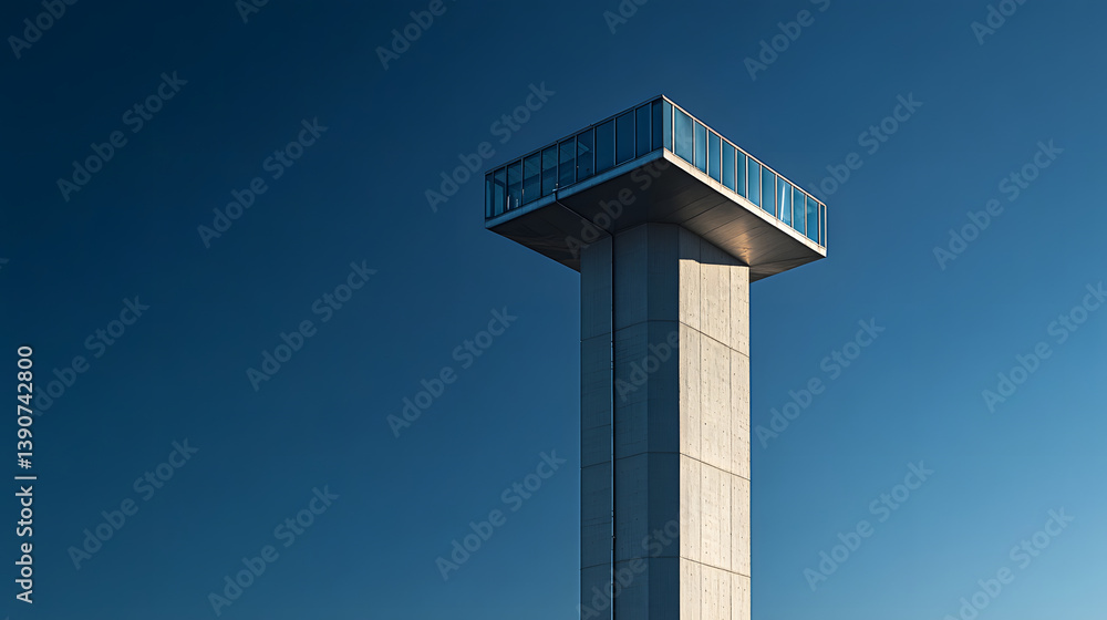 Fototapeta premium Minimalist architectural marvel featuring a robust concrete tower crowned with a glass observation deck against a clean, deep blue sky. A symphony of lines and light.