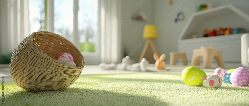 Colorful eggs scattered in a playful room