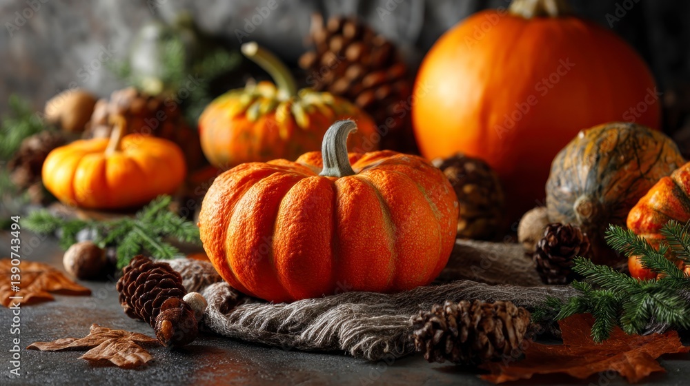 Autumn Harvest Still Life with Pumpkins Pine Cones and Festive Decoration Autumn Harvest Still Life with Pumpkins Pine Cones and Festive Decoration