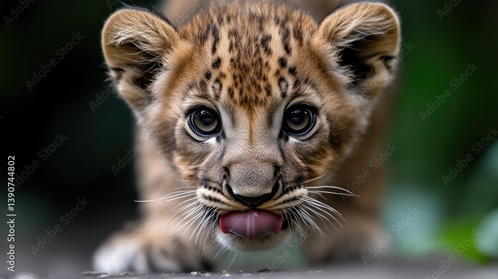 Fototapeta premium Close-up of a curious, adorable, young lion cub with large, expressive eyes, a slightly open mouth, and visible tongue. Its coat displays a rich, patterned mix of light and dark browns