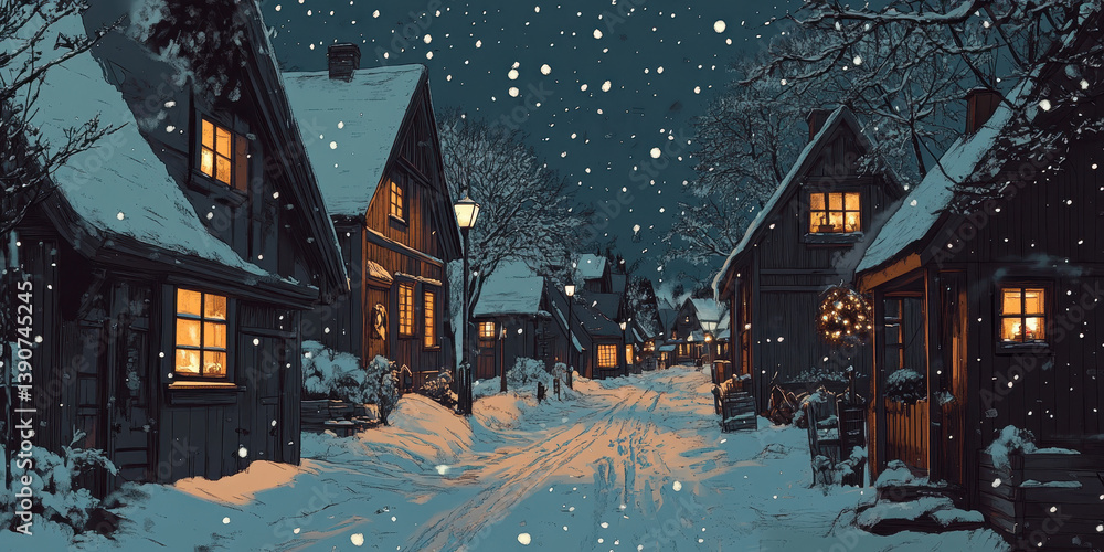 Fototapeta premium Vector scene of a snowy Scandinavian street with cozy wooden houses and warm light in windows.