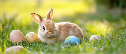 Obraz na płótnie Cute rabbit with colorful eggs in sunny grass w salonie