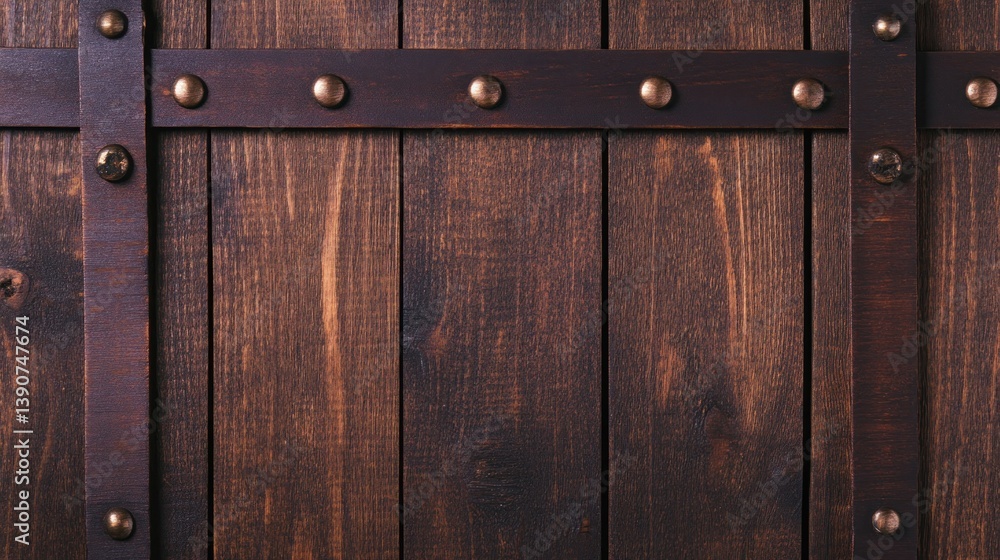Fototapeta premium Dark wood planks, metal bands, rivets, background texture, rustic design