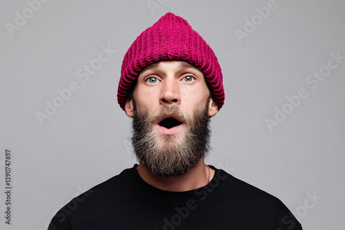 bearded hipster in hot pink knit hat making exaggerated surprised face