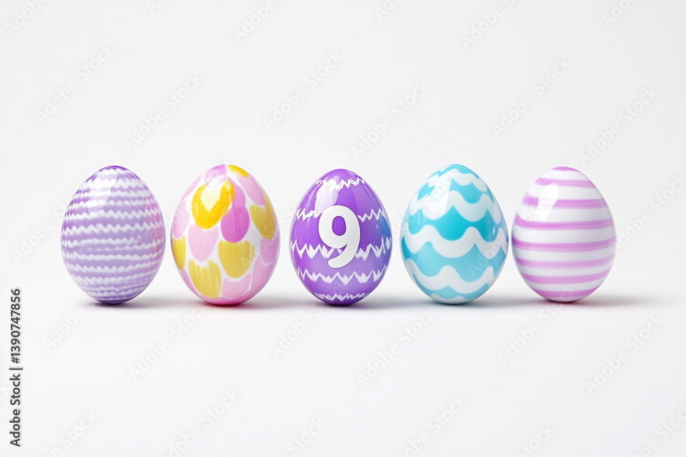 Set of colorful patterned Easter eggs with central purple egg showing number 9, playful spring celebration concept Set of colorful patterned Easter eggs with central purple egg showing number 9, playful spring celebration concept