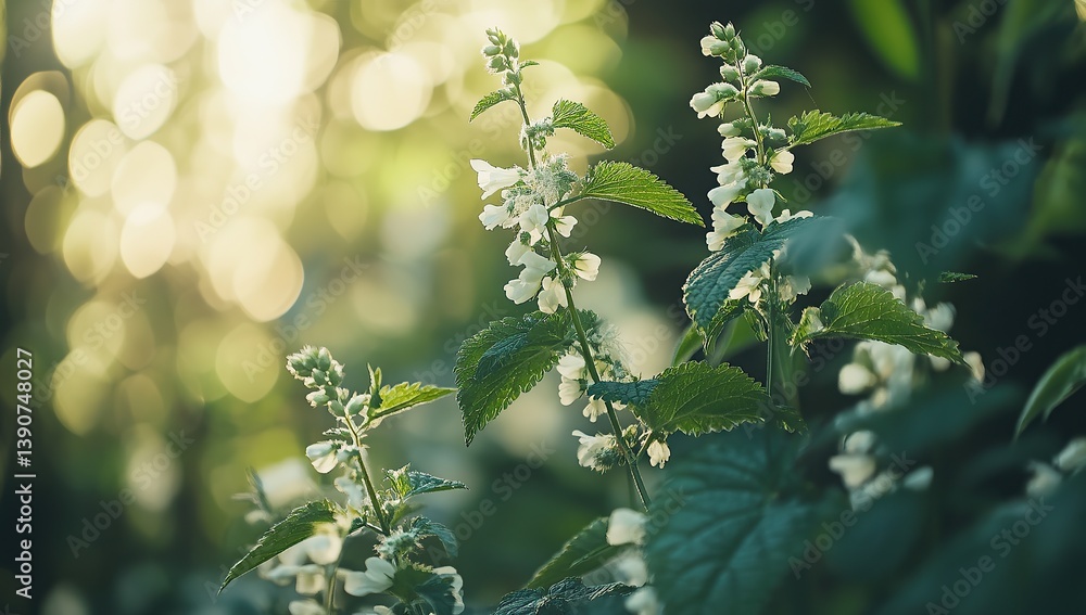 Leonicaqumina in the foreground, white flowers and green leaves of nettle plant with blurred background Leonicaqumina in the foreground, white flowers and green leaves of nettle plant with blurred background