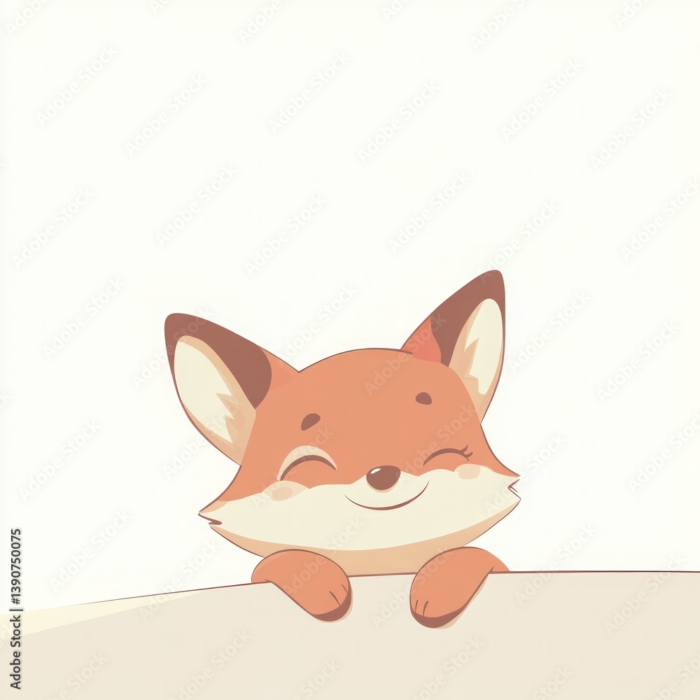 Obraz premium Happy fox peeking over sign, white background, children's book illustration