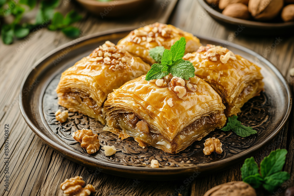 Traditional oriental dessert - baklava with walnuts, on a wooden table. Turkish baklava Traditional oriental dessert - baklava with walnuts, on a wooden table. Turkish baklava