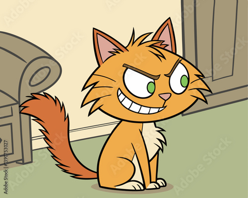 Cartoon cat with a mischievous grin sitting indoors  