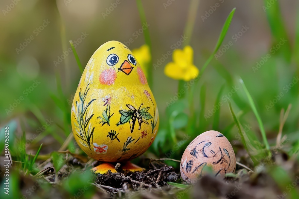 Colorful chick and easter egg in a spring garden