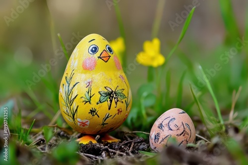 Obraz na płótnie Colorful chick and easter egg in a spring garden w salonie