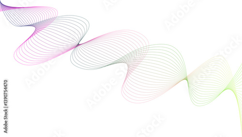 Vector curvy abstract line art wavy flowing dynamic green pink purple yellow background in concept music or sound, wave, wind, information flow