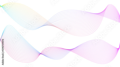 Vector curvy abstract line art wavy flowing dynamic green pink purple yellow background in concept music or sound, wave, wind, information flow