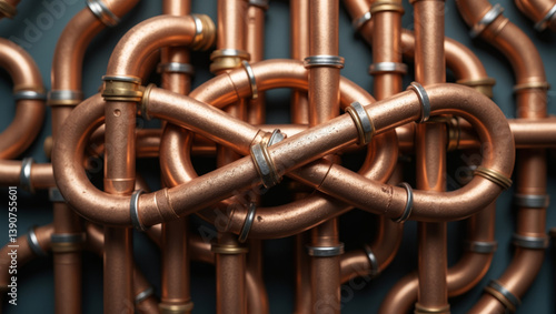 Intricate copper pipe network showcasing industrial design and engineering marvels in modern decor
