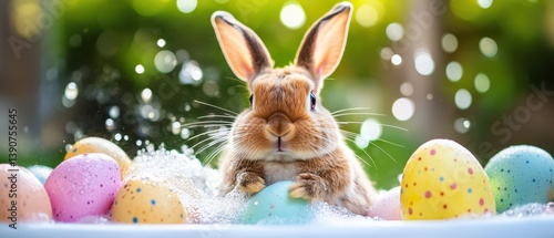 Obraz na płótnie Rabbit with colorful Easter eggs w salonie