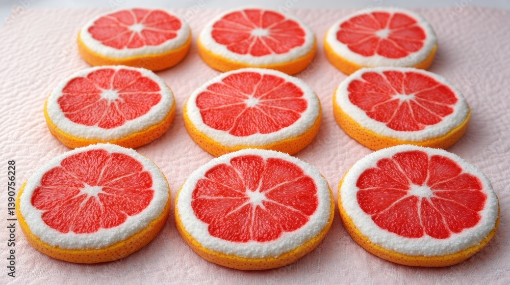 Nine grapefruit slices arranged on pink surface, close-up studio shot, food photography, recipe illustration Nine grapefruit slices arranged on pink surface, close-up studio shot, food photography, recipe illustration