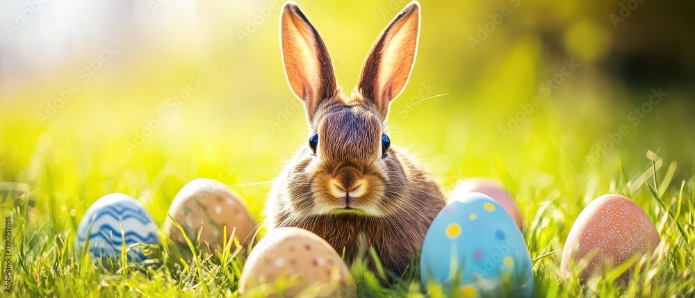 Cute bunny surrounded by colorful eggs in garden