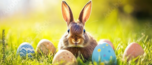 Obraz na płótnie Cute bunny surrounded by colorful eggs in garden w salonie