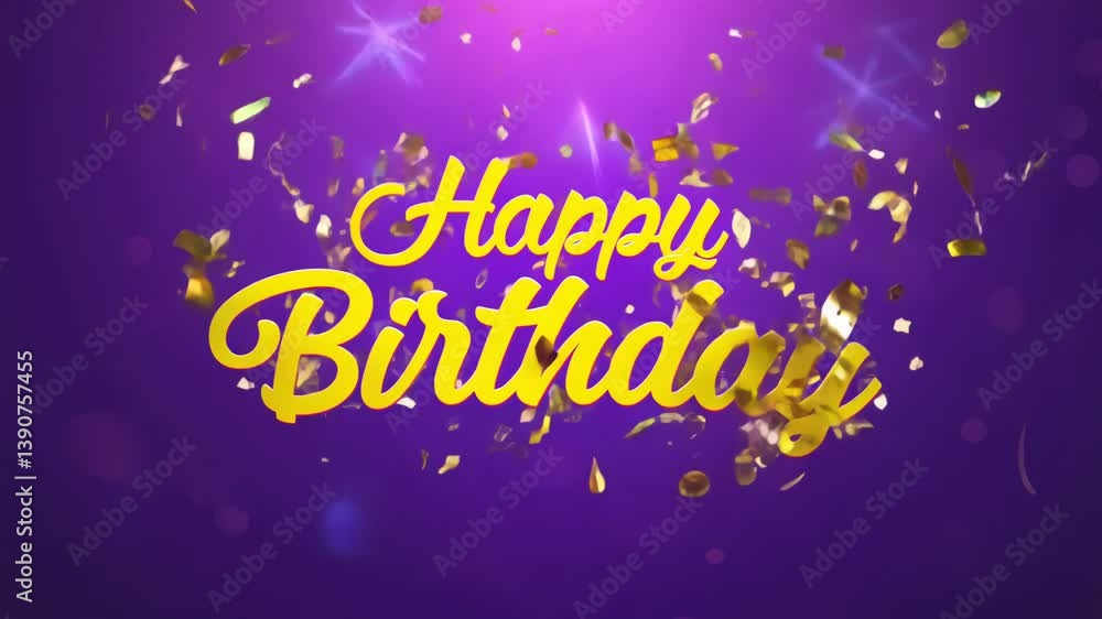 Golden Happy birthday text on a purple shiny festive background with stars Golden Happy birthday text on a purple shiny festive background with stars