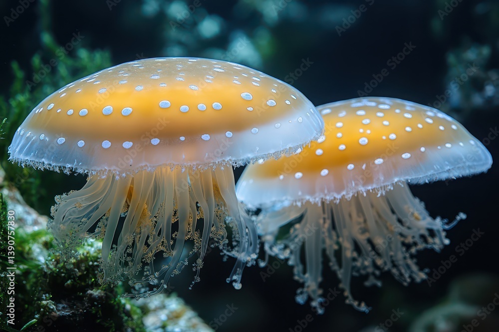 Colorful jellyfish swimming in clear water