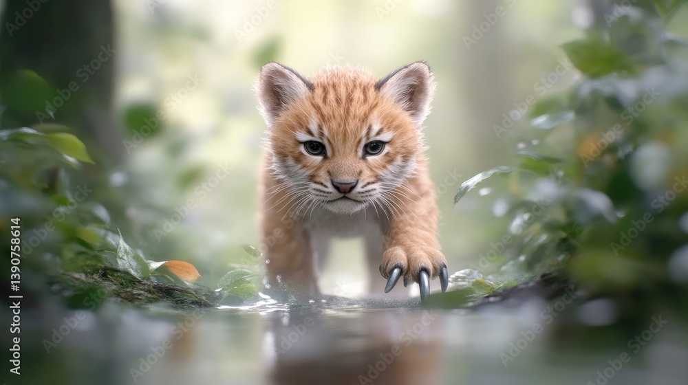Adorable ginger kitten in a forest. A playful young lynx kitten exploring a stream in a lush, natural setting Adorable ginger kitten in a forest. A playful young lynx kitten exploring a stream in a lush, natural setting