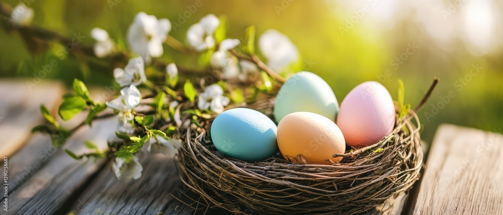 Colorful easter eggs in a nest with spring flowers