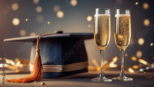 Celebration of education and achievement with graduation cap and champagne glasses at a joyous gathering