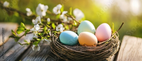 Obraz na płótnie Colorful easter eggs in a nest with spring flowers w salonie