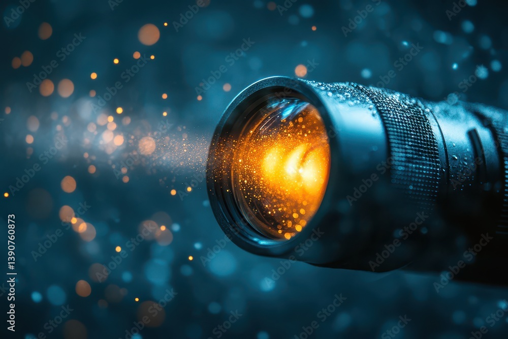 Flashlight shines in the dark