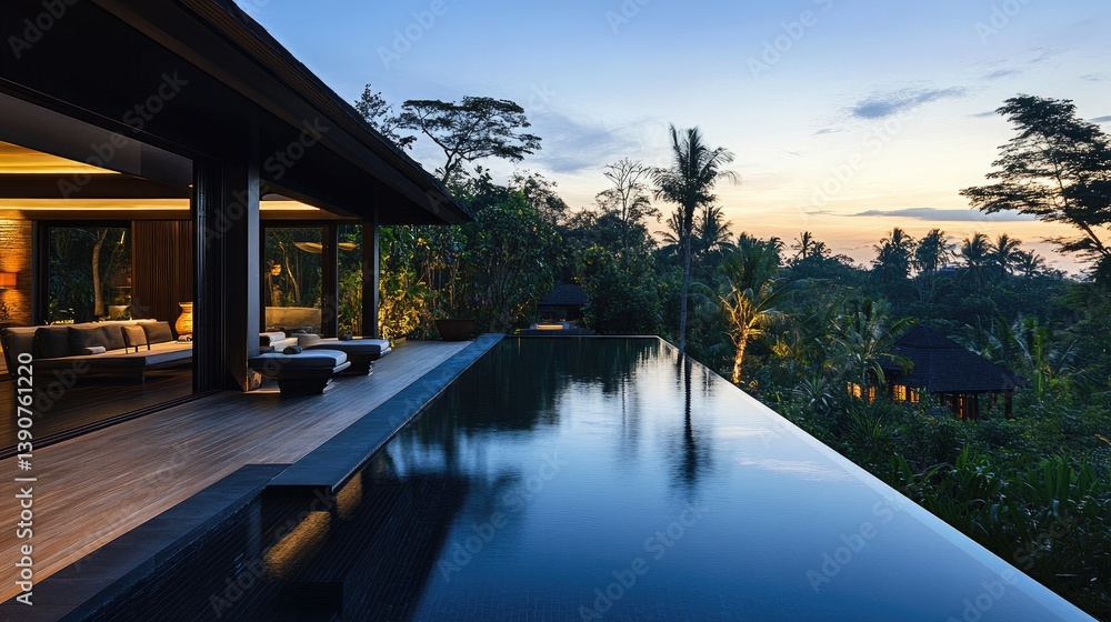 Fototapeta premium Serene Modern Villa with Infinity Pool Overlooking Lush Tropical Landscape at Dusk