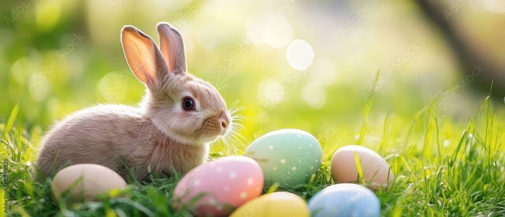 Cute bunny next to pastel Easter eggs in sunlight