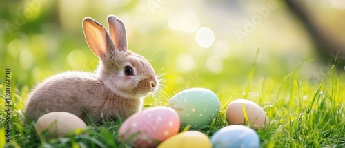 Obraz na płótnie Cute bunny next to pastel Easter eggs in sunlight w salonie
