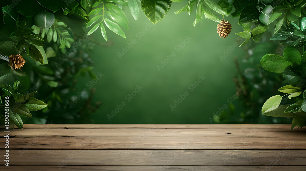 Wooden Table With Green Foliage Background for Product Display Nature Theme with Brown and Green Tones Wooden Table With Green Foliage Background for Product Display Nature Theme with Brown and Green Tones