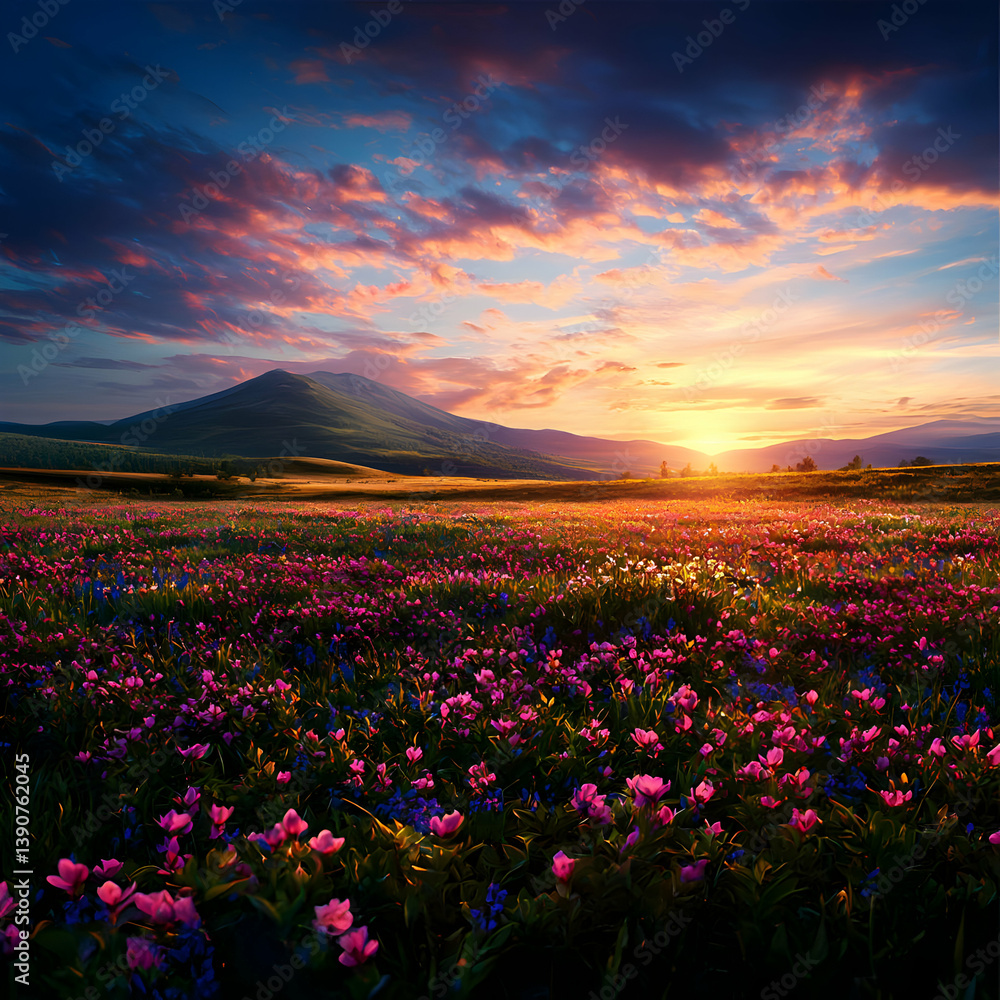 Obraz premium Sunset Over Wildflower Field with Mountainous Backdrop and Pink and Purple Hues
