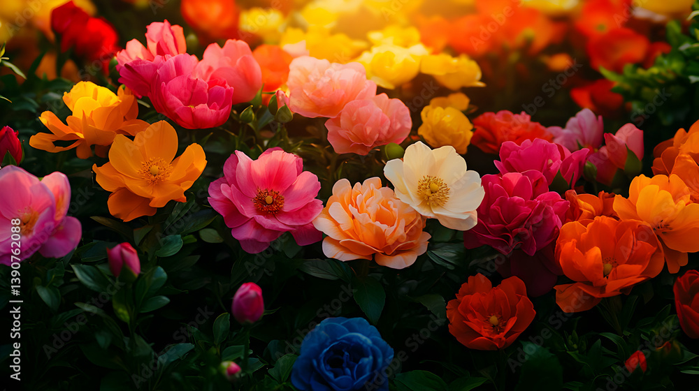 Vibrant Close-up of Colorful Blossoms in Sunlight Displaying Diverse Petal Hues and Green Foliage Vibrant Close-up of Colorful Blossoms in Sunlight Displaying Diverse Petal Hues and Green Foliage