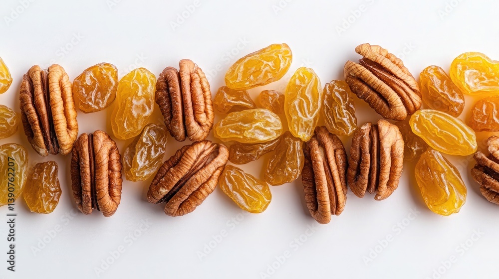 A neatly layered row of pecan halves placed alongside golden raisins in a balanced horizontal composition against a white backdrop A neatly layered row of pecan halves placed alongside golden raisins in a balanced horizontal composition against a white backdrop