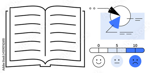Open book with visible text lines, pie chart, data graph, and feedback scale with happy faces representing emotions. Ideal for education, research, analysis, feedback, learning data storytelling