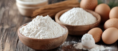 Baking ingredients on a wooden table with eggs