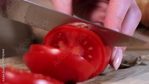 Close-up of hand slicing fresh red tomato with a sharp knife on wooden board, focusing on food preparation, vibrant color, and healthy cooking in kitchen setting