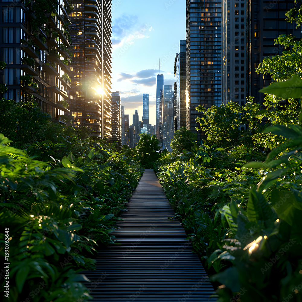 Fototapeta premium Wooden Walkway Through Lush Greenery Leading To A Cityscape Under Sunny Skies